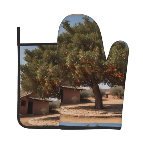 WZYWHJ Ensemble de gants de cuisine et maniques imprimés dattiers dans le jardin pour cuisiner, micro-ondes, grillades – avec cordon