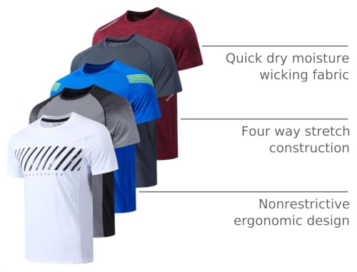 Image of 5 Pack Men's Active Quick Dry Crew Neck T Shirts | Athletic Running Gym Workout Short Sleeve Tee Tops Bulk