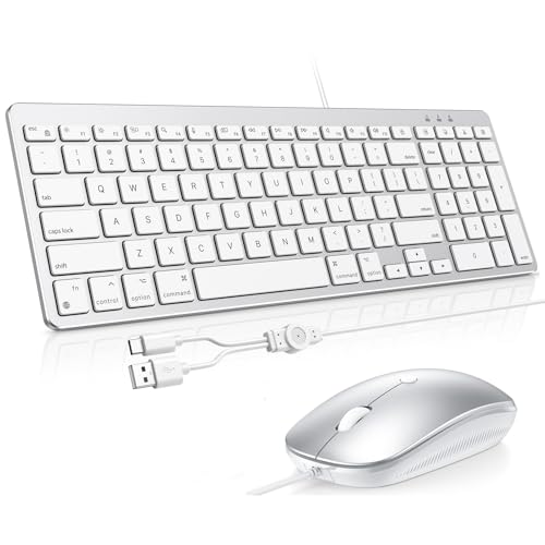 OMOTON Keyboard and Mouse for Mac, Wired Keyboard with Numeric Keypad Dual Interface (Type-C & USB), Mouse with USB A Interface Compatible with MacBook Pro/Air, iMac, Mac mini/Pro Laptop, Silver White