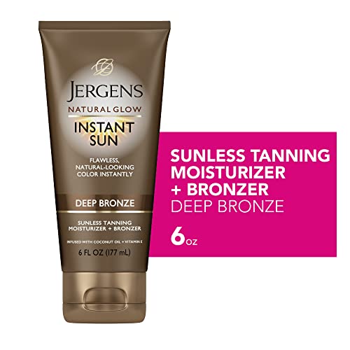 Jergens Natural Glow Instant Sun Tanning Moisturizer + Bronzer, Lightweight Sunless Tanning for Natural-Looking Color, Deep Bronze, 6 Oz