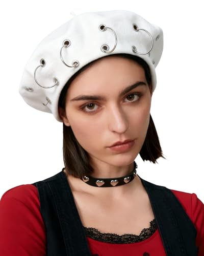 AWAYTR Punk Beret Hat for Women - 90% Wool Blend Goth Alt French Cap White