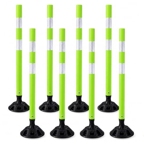 BESEA 36 Inch Traffic Delineator Posts, 8 Pack Flexible Safety Lane Divider Poles with Reflective Collars & Heavy Base, Green Traffic Cones Alternative for Parking Lots & Roadways