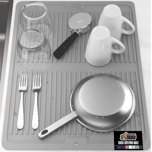 Image of GORILLA GRIP 100% BPA-Free Patented Silicone Dish Drying Mat for Kitchen Counter, 18x24 Inch, Water Catching Ribbed Design, Easy Clean Waterproof Sink Liner, Heat Resistant, Fits Under Rack, Gray