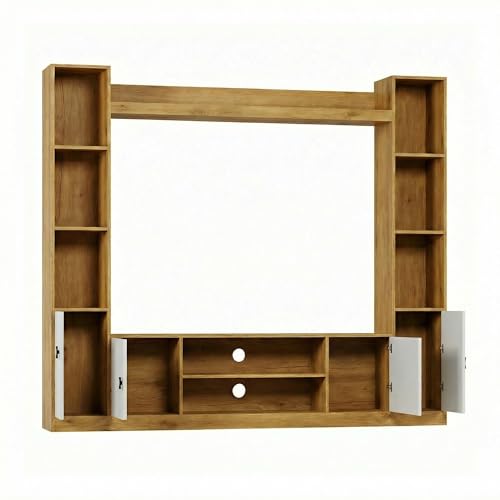 Image of Raywud Elavora Engineering Wood TV Entertainment Unit Set | TV Cabinet with Shelves for Books & Decor Display Unit for Living Room | Ideal for TV Unit Upto 55 inch |DIY Assembly (Gold Oak & White)