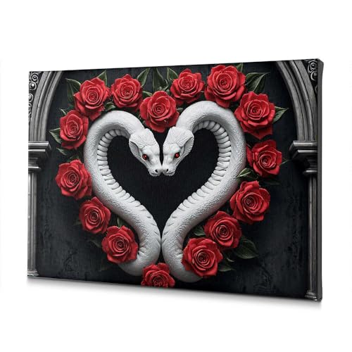 Tableau deux serpents blancs en forme de cœur avec roses décor salon toile 30x40cm