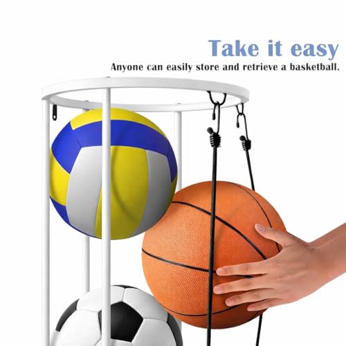 Image of 57265 Space Saving Classic Vertical Ball Racks- 40x13.2 Inch Rolling Basketball Holder Wall Mount-Garage Sports Ball Storage for Indoor Rooms and Gyms - White