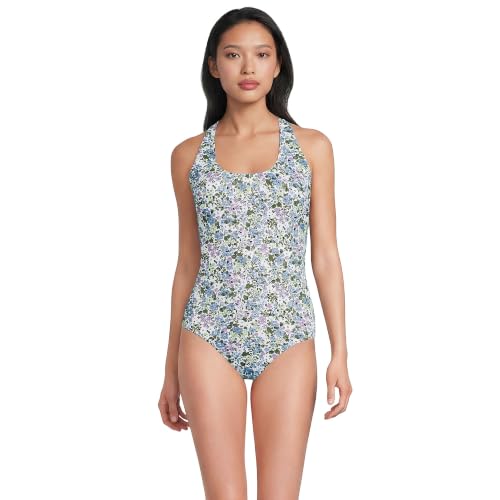 Lands End Womens Tugless X-Back One Piece Swimsuit 12 White/Lilac Multi Ditsy Floral
