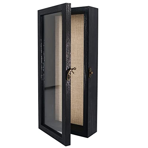 Image of GraduationMall 5x12.5 Wood Shadow Box Frame Glass Door Display Case with Linen Back and 6 Stick Pins,1.5 inches Interior Depth,Ideal for Memorabilia Pictures Flowers Medals Tickets Rustic Black