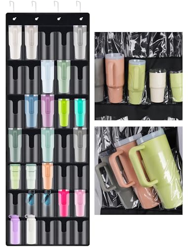 NiHome 35-Pocket Door Hanging Cup Organizer Fit for Stanley Tumbler 30 40oz | Large Capacity Over the Door Water Bottle Storage with Nano Tape, Waterproof Oxford Fabric, U-Shaped Handle Slots (Black)