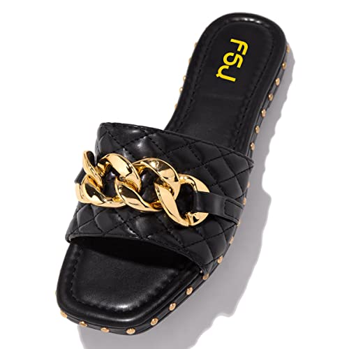 FSJ Women Sexy Square Open Toe Comfortable Flat Thick Sole Cushion Sandals Fashion Gold Chain Style Slip On Slides Studded Daily Ladies Summer Shoes Size 4-15 US2
