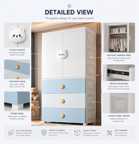 Image of HIWARE Premium Modular Wardrobe for Bedroom, Kids Room and Home | Spacious Clothes Storage Cabinet with Drawers and Shelves | Modern Stylish Design, Heavy Duty, Multiuse Organizer -SJ6514-BLUE Bear