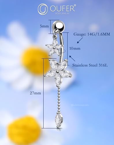 OUFER 14G 10 mm Bauchnabelpiercing Schmuck Blume Bauchnabelring Chirurgenstahl 316L Piercing Bauchnabel mit Anhänger Klar CZ Belly Button Piercing für Frauen