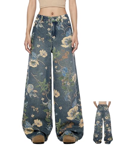 Women Men's Plant Flower Print Baggy Jeans, Streetwear Vintage Loose Flowers Printed Button Denim Pants with Pockets