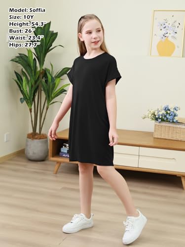 GORLYA Girls Short Sleeve A-Line Loose Casual Shift Swing Summer T-Shirt Dress with Pockets 6-16Y4