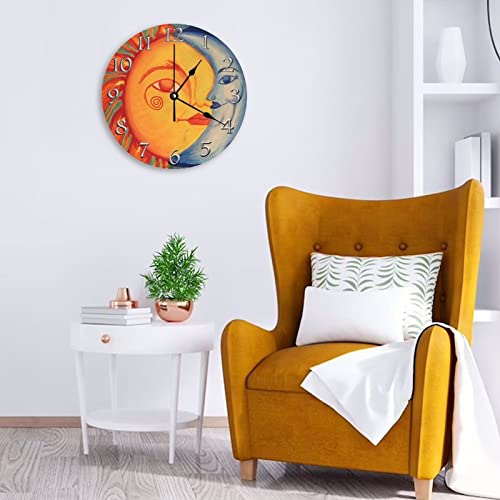 Decorative Silent No Ticking Wall Clock Elegant Modern Sun Moon Stone Yellow Blue Sky Round Modern Wooden Clocks For Bedroom Living Room Home Office School Wall Art Decor, 15 Inches #TOP4