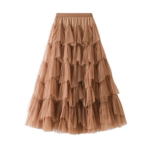 ebossy Womens Elastic High Waist Tutu Tulle Tiered Skirt Sweet Layered Ruffles Mesh Midi Fairy Skirts with Lined(1size,D-Khaki)