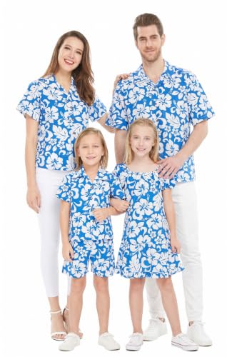 Image of Hawaii Hangover Family Matching Clothes, Classic Vintage Hibiscus Blue | Family matching Hawaiian outfits, Classic Vintage Hibiscus Blue, 100% cotton, machine washable, tropical floral print, luaus