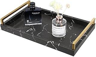 Shinowa Decorative Tray, 39X25 CM Faux Leather Serving Tray with Golden Metal Handles for Coffee Table, Ottoman, Party, Black Marble