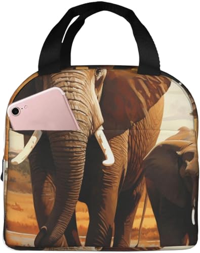 断熱ランチバッグ メンズ レディース 大人用 再利用可能なランチボックス 象 家族 漏れ防止 クーラーバッグ 大容量 フードランチコンテナ ランチトートバッグ オフィス 仕事 ピクニック用