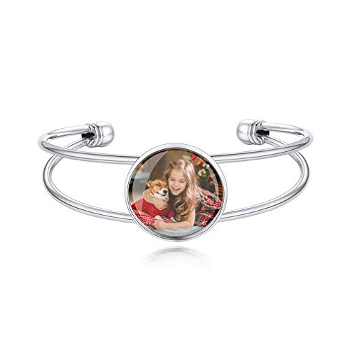 Custom4U Personalized Picture Bracelets for Women - Custom Locket/Charm Cuff Bangle Bracelet - Engraved Inspirational Memorial Jewelry Birthday Mothers Day Gift for Her Mom Wife 6.0-Silver C