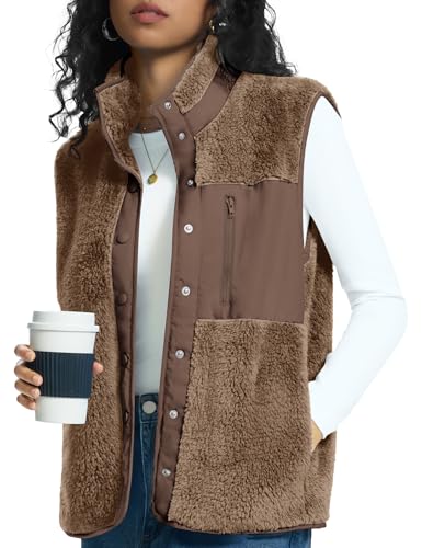 Rapbin Vests for Women Lightweight Stand Collar Sherpa Fuzzy Fleece Vest Buttoned Sleeveless Jackets with 3 Pockets