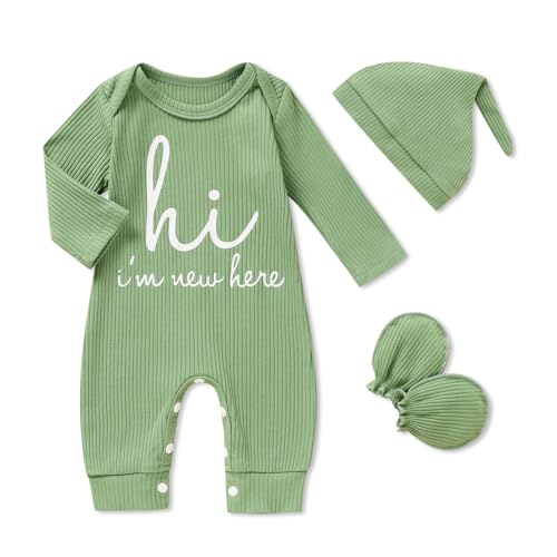 Image of GRNSHTS Newborn Baby Boy Romper Coming Home Outfits Letter Print Bodysuit Jumpsuit+Hat+Gloves 3PCS Clothes Set