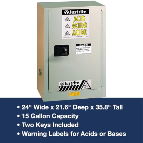 Image of Justrite Acid Corrosive Storage Cabinet - 15 Gallon 1 Door Manual Close Chemical Storage Cabinet with ChemCor Coating - 22 inch x 36 inch x 24 inch - Made in the USA - Light Neutral - 8825072