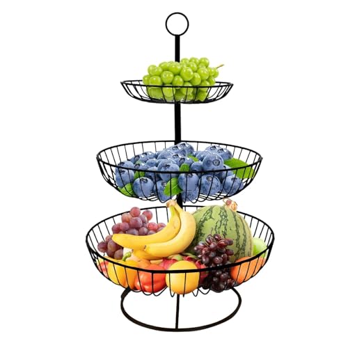 Aiuuee Porta Frutta 3 Piani, Cestino Frutta Cucina in Metallo Nero Vintage, Porta Frutta da Tavolo a Piani, Cesto Portafrutta a Ripiani per Verdura Snack(30 x 48 cm, Nero)