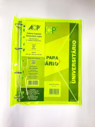 Fichário Universitário Lights Neon Amarelo Pvc 96 Folhas - ACP