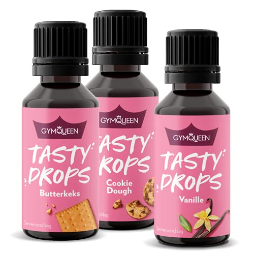 GymQueen Tasty Drops, 3x30ml, Butterkeks, Cookie Dough, Vanille, Flavour Drops ohne Kalorien