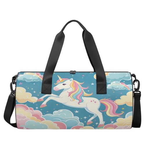 Unicorn Rainbows Round Barrel Sports Fitness Bag, Blue Pink White Travel Luggage Bag, Reusable Handbag, Suitable For Men and Women2