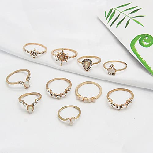 Stackable Rings Set For Teen Girls Boho Knuckle Rings Wave Turquoise Finger Rings Vintage Aesthetic Rings For Women(Stackable Rings C-10Pcs) #TOP2