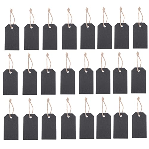 BELLIFFY Etiquetas de Precio para Joyas y Tiendas, Pizarra Negra Mini 56x31mm, Juego de 50 Unidades Cordel de Yute, Etiquetas Decorativas para Exhibición y Venta en Comercios