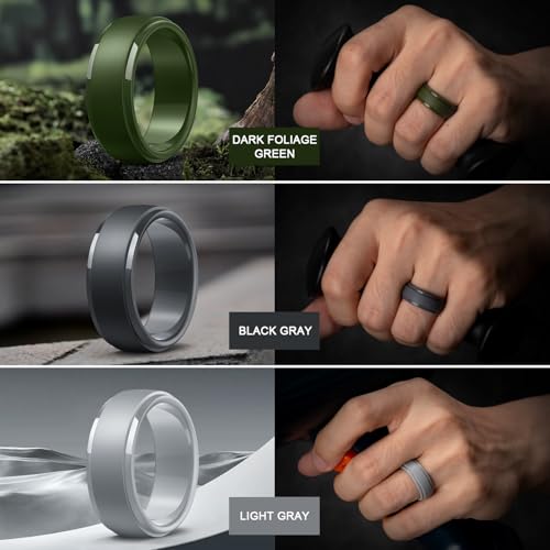 Image of Egnaro Men's Silicone Wedding Rings: Classic Black Step Edge Rubber band 10mm Wide 2.5mm Thick- Hypoallergenic for Gym /Outdoor /Gift(1 /4 /7 Variety Pack with Half Size)