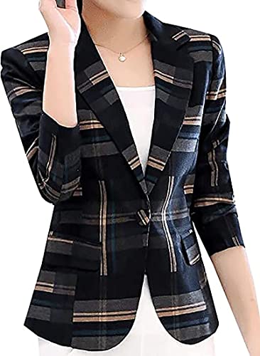 Fensajomon Women's Blazer Plaid Blazers for Women Work Office Casual Long Sleeve Lapel Button Pocket Jacket Suit Business Black