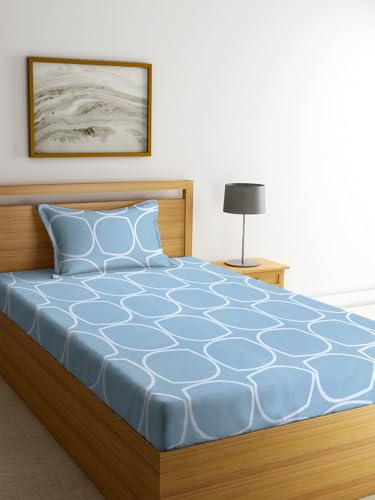 Image of NHD HOME Premium Glace Cotton 180 TC Flat Single Bedsheets for Summer Breathable | Wrinklefree (Size-60 X 90 Inch) with 1 Pillow Covers (Size-17 X 27 Inches, Oval Print, Sky Blue)