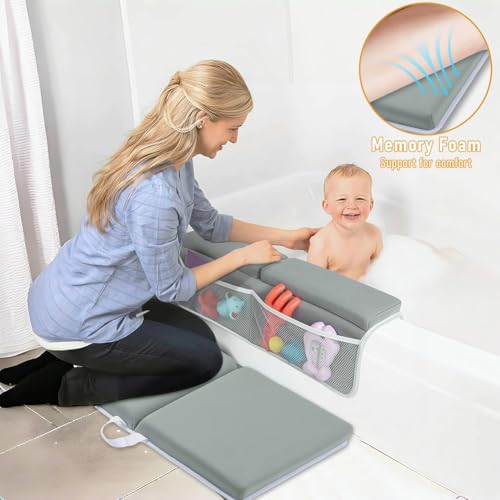 Image of Baby Bath Kneeler and Elbow Rest Pad Set | Bath Kneeling Pad for Bathing Baby with Toy Organizer Pockets，Soft Non-Slip Baby Bathtub Mat for Baby Bathing，Gifts for Parents