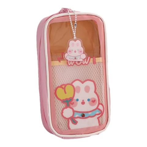 Kawaii Pencil Case Clear Pouch with Pins Pendant Cute Aesthetic Bear Bunny Puppy Japanese Cartoon Stationery Organizer Holder Bag Supplies (Pink Bunny) Cover