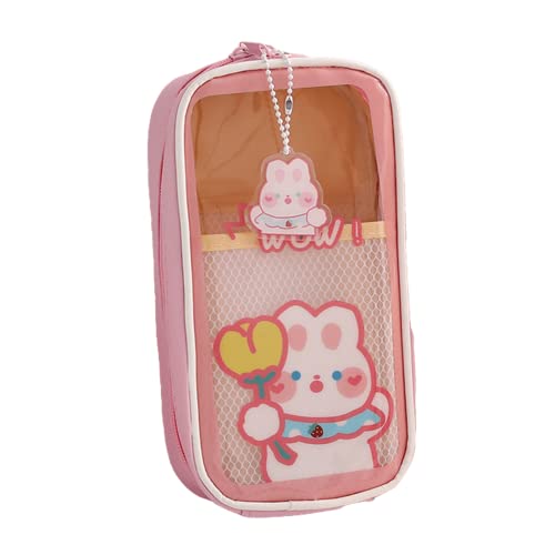 Estojo de lápis Kawaii Bolsa transparente com pingente de pino Urso estético fofo Coelhinho Filhote de desenho japonês Organizador de papelaria Suprimentos (Coelhinho rosa)