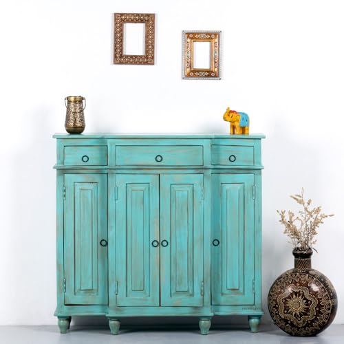 Image of Harvey Wooden Sideboard Cabinet for Living Room | Antique Wooden Cabinet for Storage Organizer with Doors | Cabinet for Home | Wooden Storage Furniture for Home | Turquoise Distress