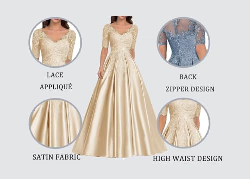 Women Satin Mother of The Bride Dresses Lace Applique Formal Evening Gown Long V-Neck Short Sleeves Prom Dress3