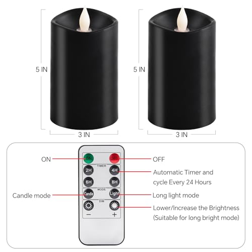 Image of 2PCS, 3 x 5 inches Flameless Candle with Remote Control, 3D Flickering Wick, Real Wax Pillar LED Candles, Battery Operated Candles,with Timer,for Holiday Home Decor, Black