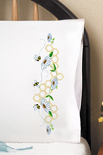 Bees Stamped for Embroidery Pillowcases - Set of 2