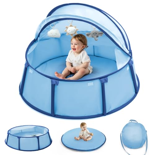 Image of Extra Large 2-in-1 Pop up Tent, Baby Beach Tent with Canopy & Mosquito Net, Ball Pit Tent with Carrying Bag, Portable Baby Dome for Babies and Toddlers, Indoor & Outdoor, 43x43x25 in, Light Blue