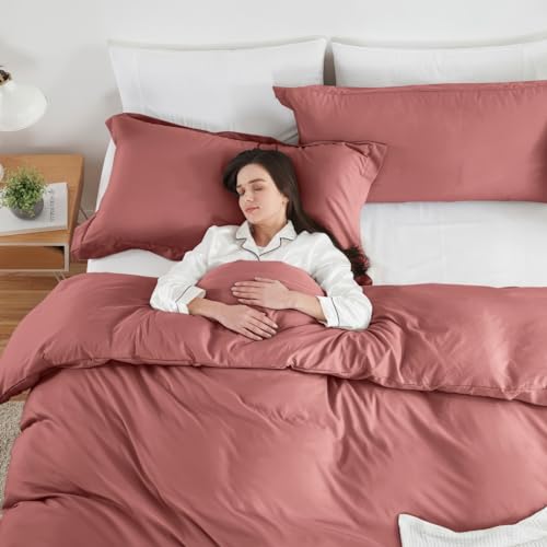 Image of Hearth & Harbor Pink Clay Duvet Cover Twin Size, 2 Piece Bedding Set | Soft Double Brushed Bedding Set, Button Closure, 1 Duvet Cover 68x90 Inches, 1 Pillow Sham