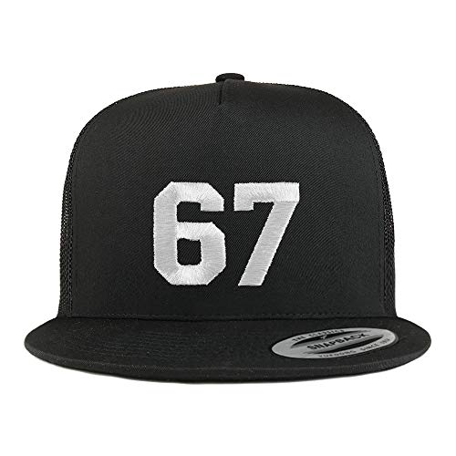 Trendy Apparel Shop Number 67 White Thread Embroidered Flat Bill 5 Panel Trucker Cap - Black