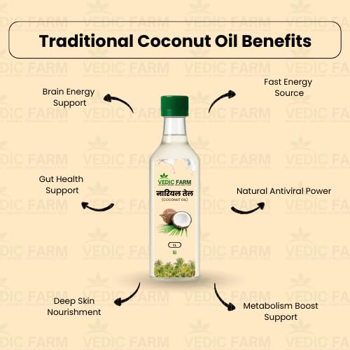 Vedic Farm Wood Pressed Coconut Oil | Cold Pressed Extra Virgin Coconut Oil | 100% Pure & Natural | Traditional Wooden Ghani Extraction | Multipurpose Oil for Cooking, Hair & Skin Care 1000 gram 1