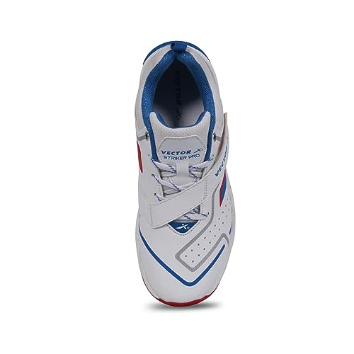 Image of Vector X Striker Pro Cricket Shoe for Men with PU Upper /Sports Shoes /EVA Sockliner Sports Midfoot Support Strap Color: White-Blue-Red Size :