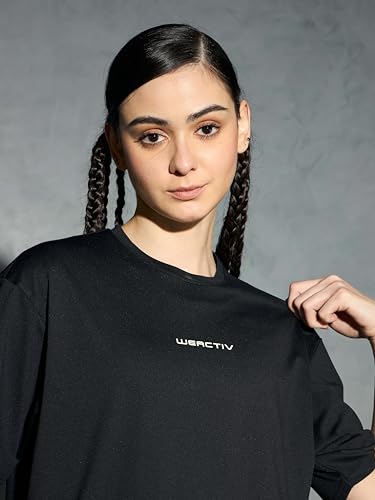 Image of TECHNOSPORT Women's Printed Boxy Fit Round Neck T-Shirt COTFLEX Half Sleeve Slip On Polyester for Gym Yoga Workout UPF50+ Anti Odour