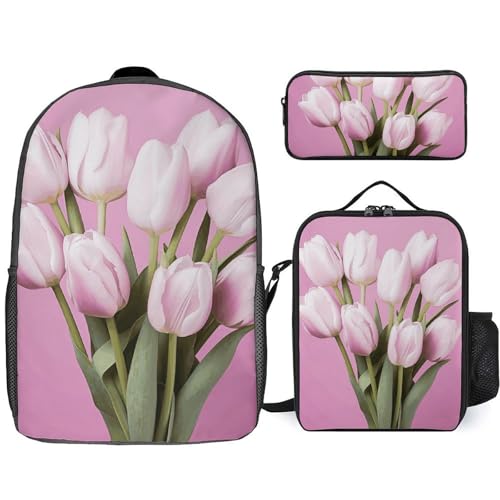 3 Piece Backpack for Women Men Lightweight Causal Daypack Shoulder Bag Set with Insulated Lunch Bag And Pencil Case Organizers Beautiful Flower